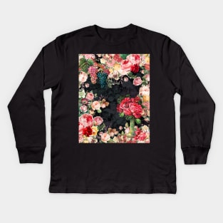 Elegant Vintage flowers and roses garden shabby chic, vintage botanical, pink floral pattern black artwork over a Kids Long Sleeve T-Shirt